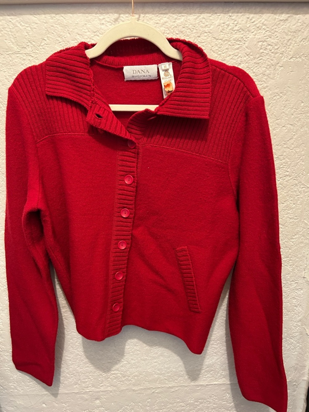 Dana Buchman Bright Red Ribbed-Collar Button Cardigan